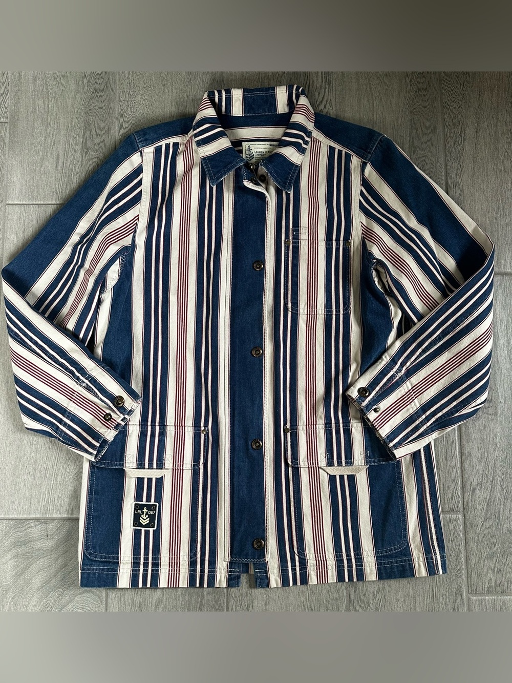 Vintage Y2K Lauren Ralph Lauren Denim Striped Coverall Jacket Navy Red White Jap